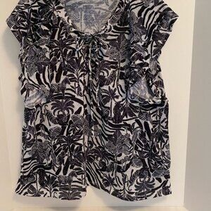 Lace-Up Flutter Sleeve Top Black White Jungle Print Plus